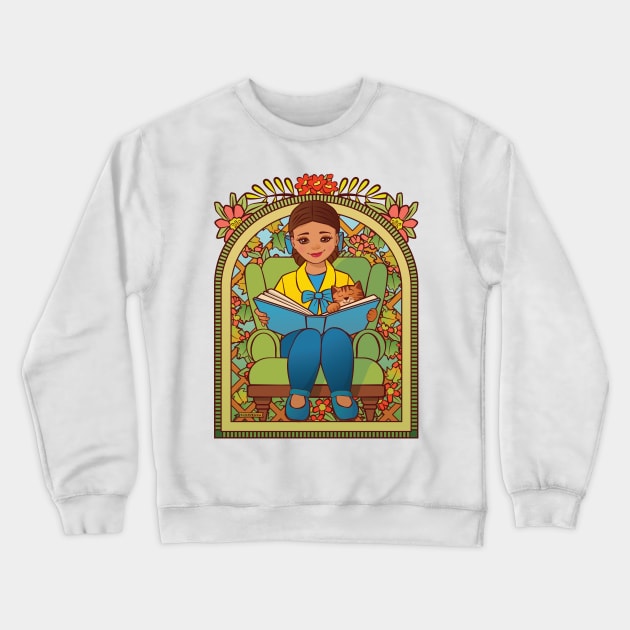 Girl Reading to Her Cat Crewneck Sweatshirt by Sue Cervenka